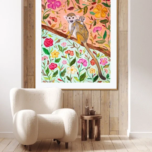 Squirrel Monkeys Art Print Oil Painting tropical floral botanical animal decor - Picture 8 of 9